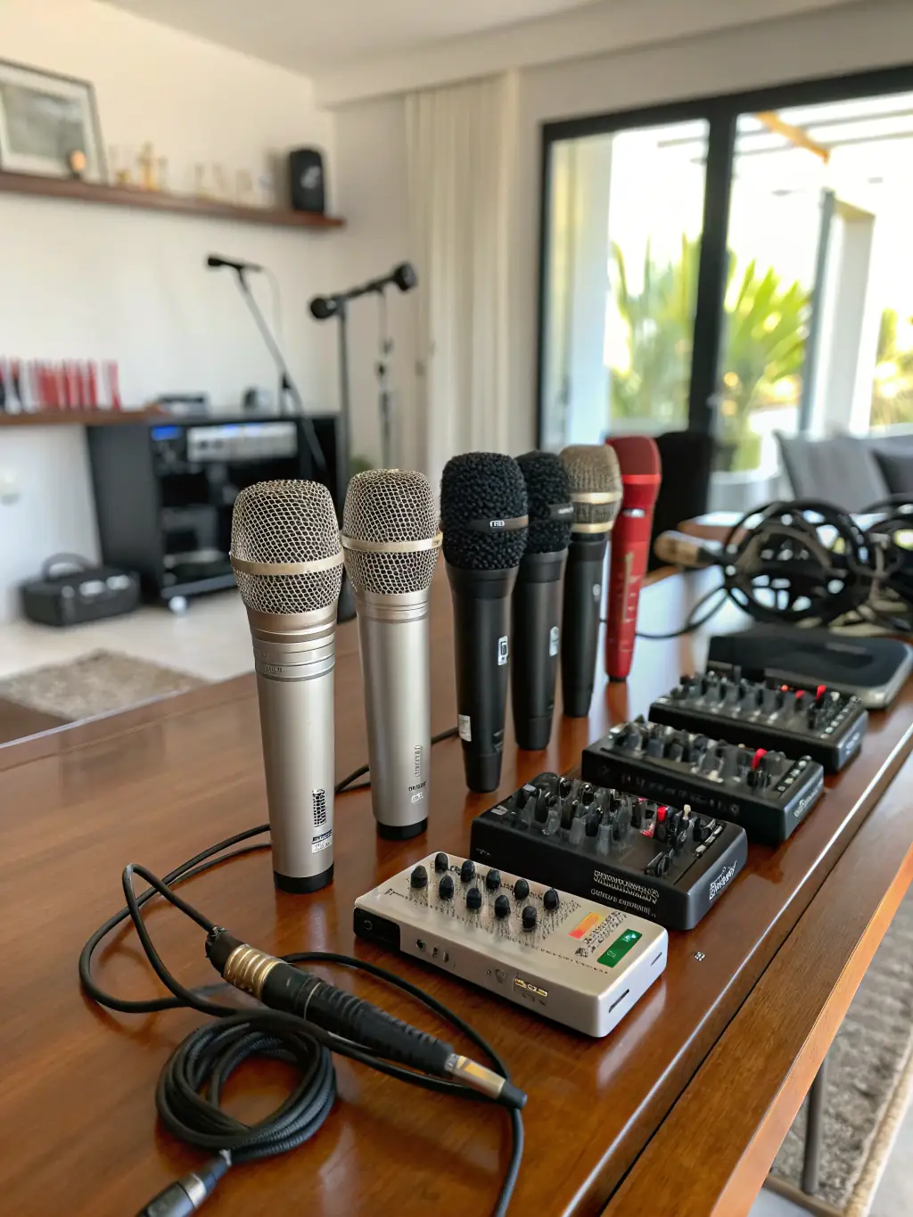 An image featuring a pair of high-quality headphones, a set of studio monitors, and a professional microphone, arranged in a recording studio setting.