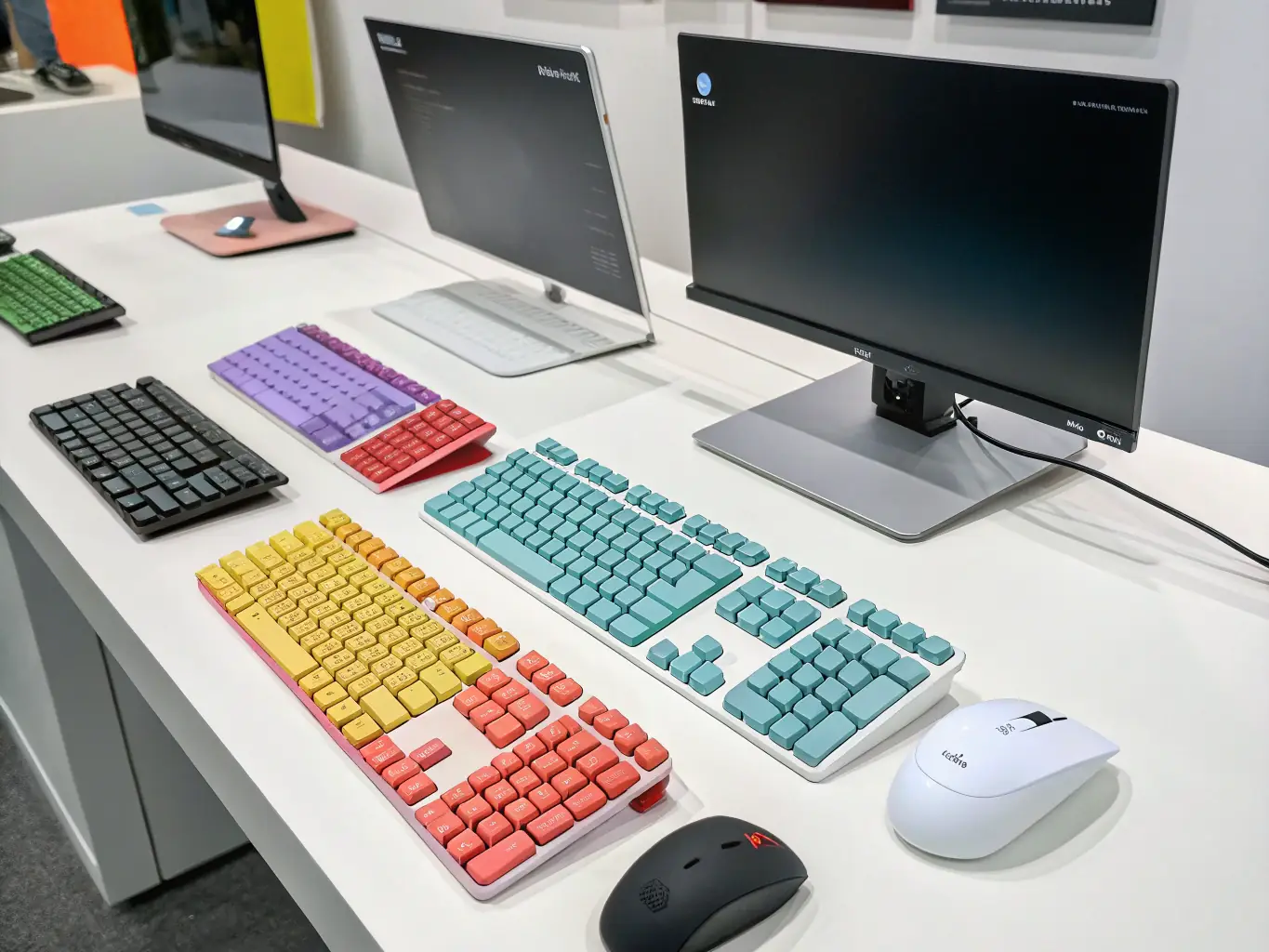 A photo of various computer accessories such as keyboards, mice, and external storage devices displayed on a retail shelf.