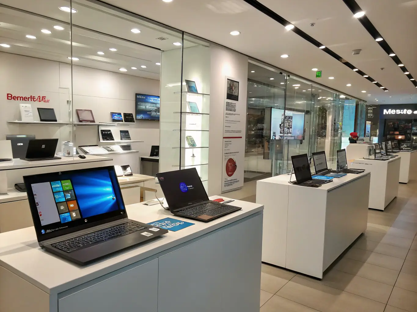 An image showcasing a variety of modern desktop and laptop computers arranged on a retail display.