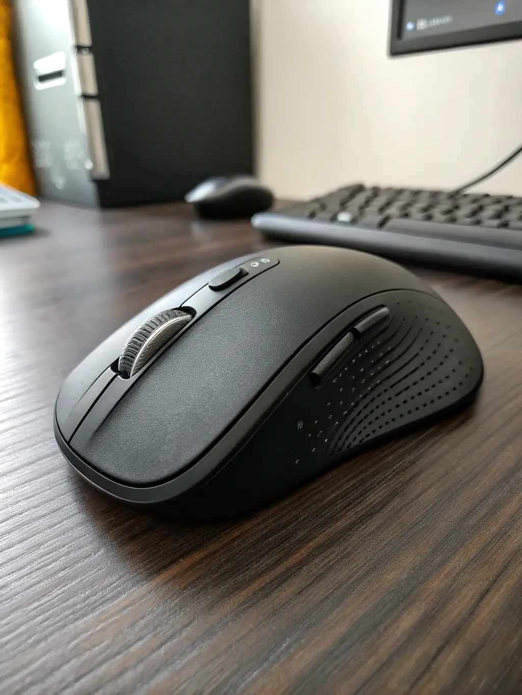 A close-up shot of various computer accessories, including a wireless mouse, ergonomic keyboard, and a high-speed external hard drive, arranged neatly on a desk.